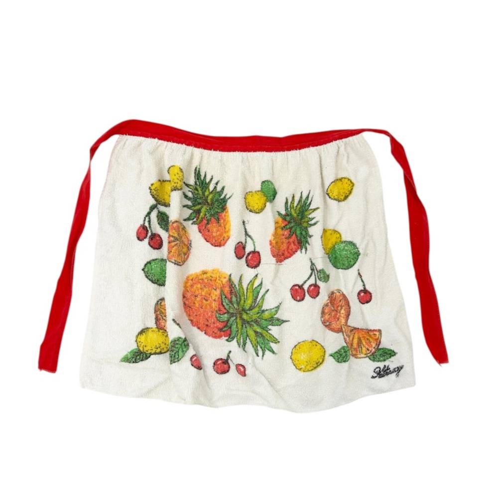 Vintage Terry Cloth Fruit Print Apron with Red Ties